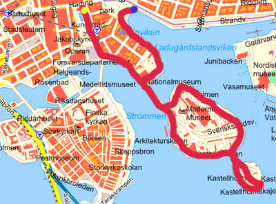 Karta över vår promenad på Skeppsholmen